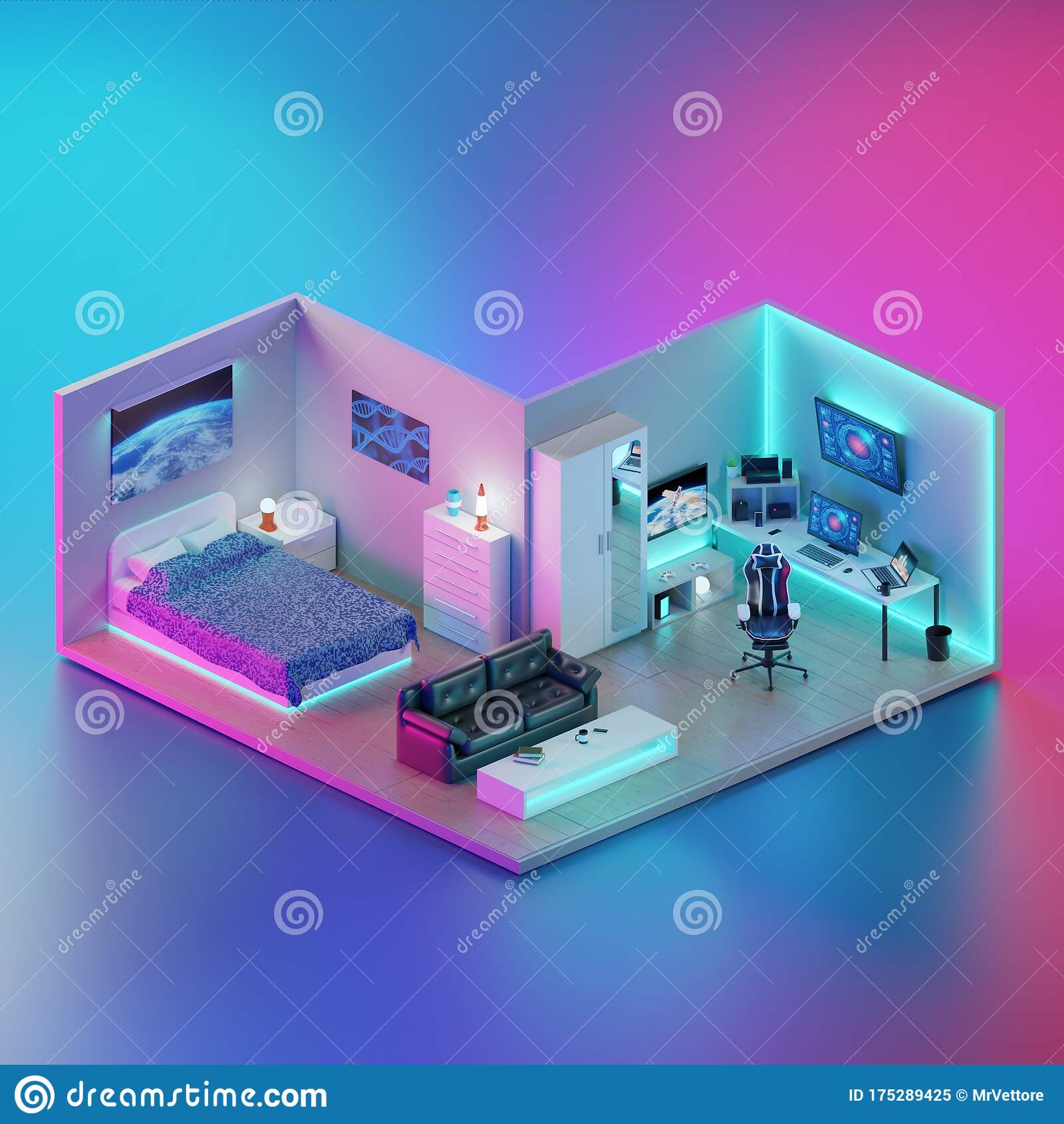 Gaming room with gaming pc and whol room colour is black and neon green